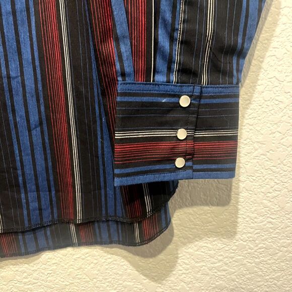 Wrangler Western Dress Shirt Mens 17.5 Multicolor Striped Cotton Pearl Snap Blue - Picture 8 of 12
